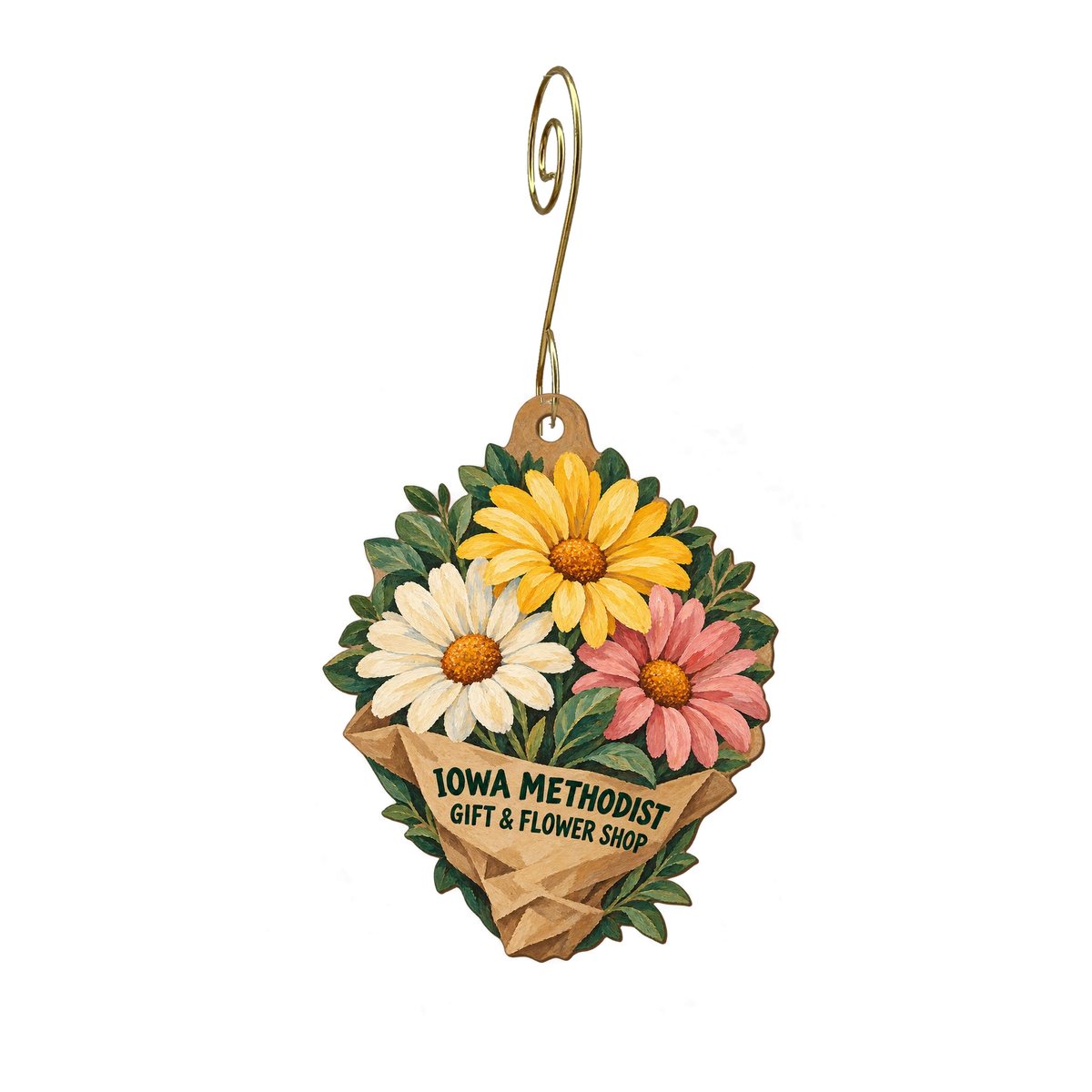 IMMC/BCH Gift & Floral Shop — Store identity custom wood ornament OC2312, photographic gold spiral hook