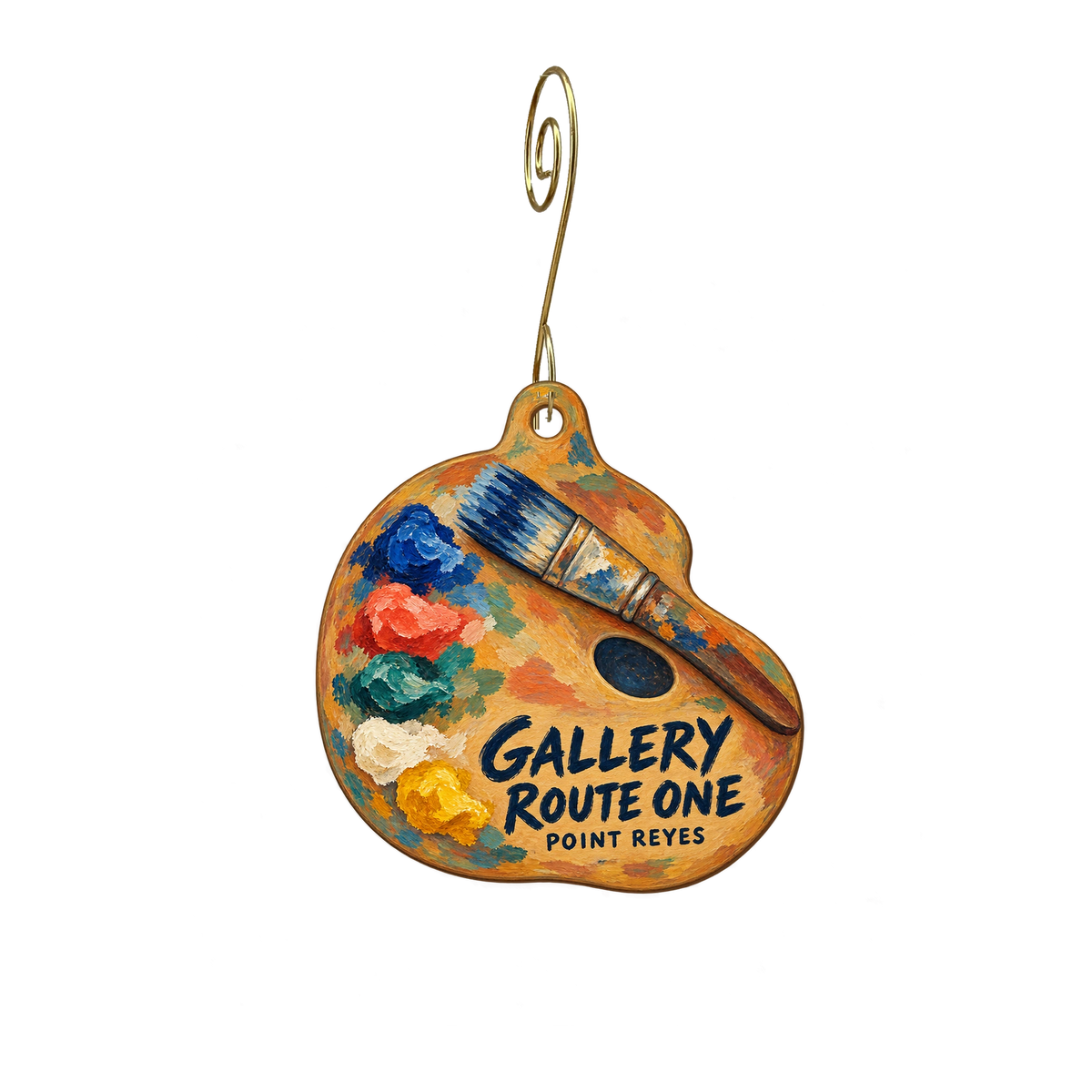 Gallery Route One — Store identity custom wood ornament OC2318, photographic gold spiral hook