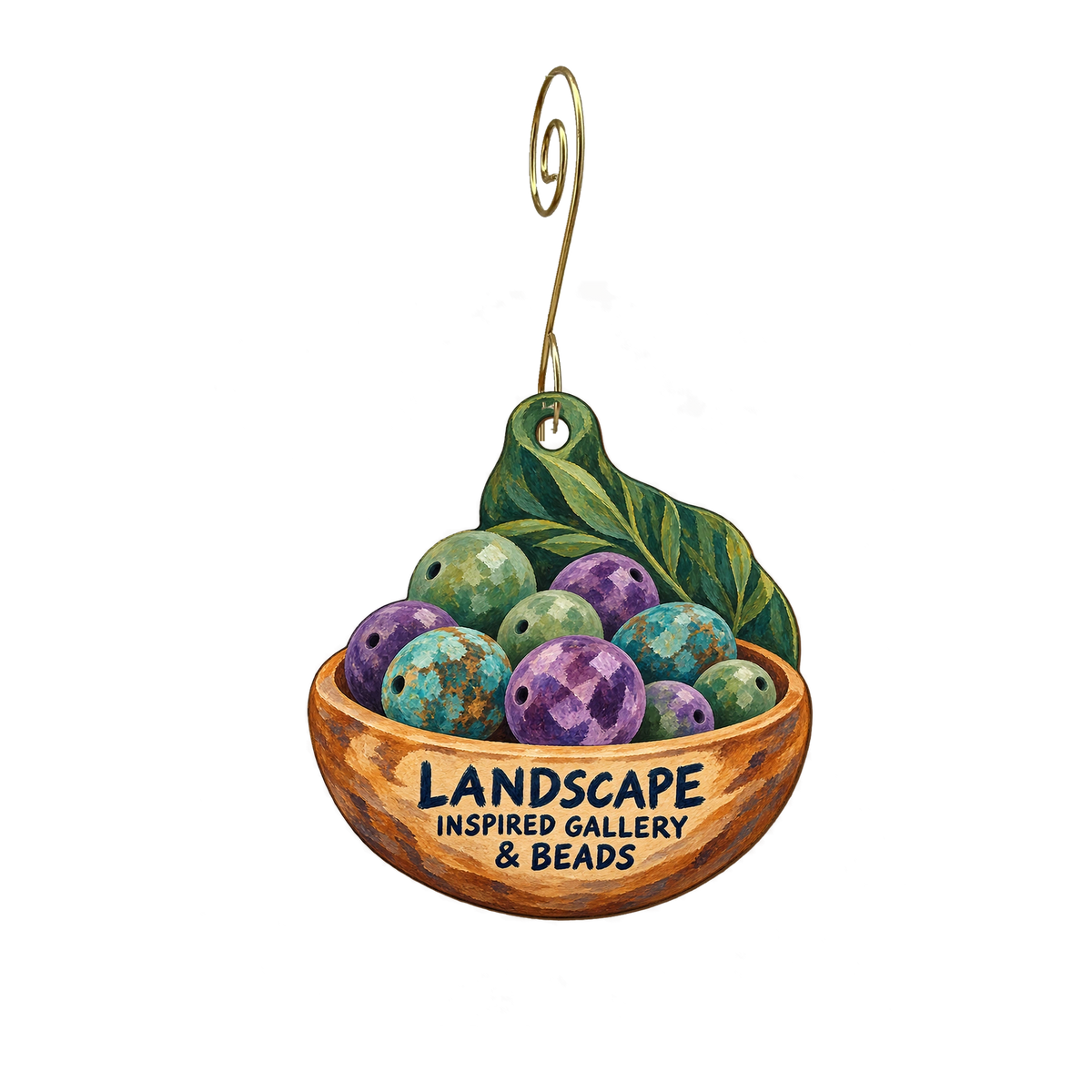 Landscape Inspired Gallery (and Beads!) — Store identity custom wood ornament OC2321, photographic gold spiral hook
