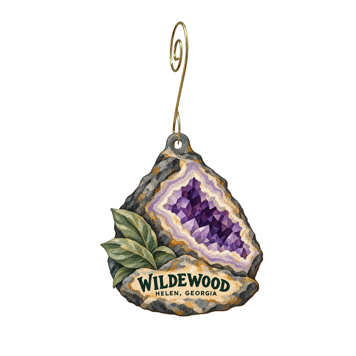 Wildewood — Store identity custom wood ornament OC2324, photographic gold spiral hook