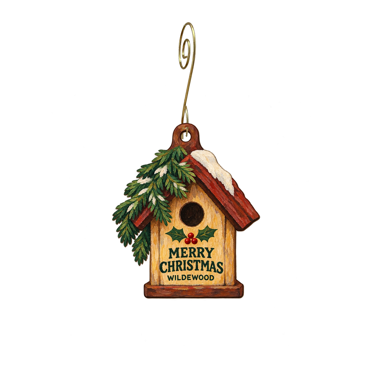 Wildewood — Christmas custom wood ornament OC2325, photographic gold spiral hook