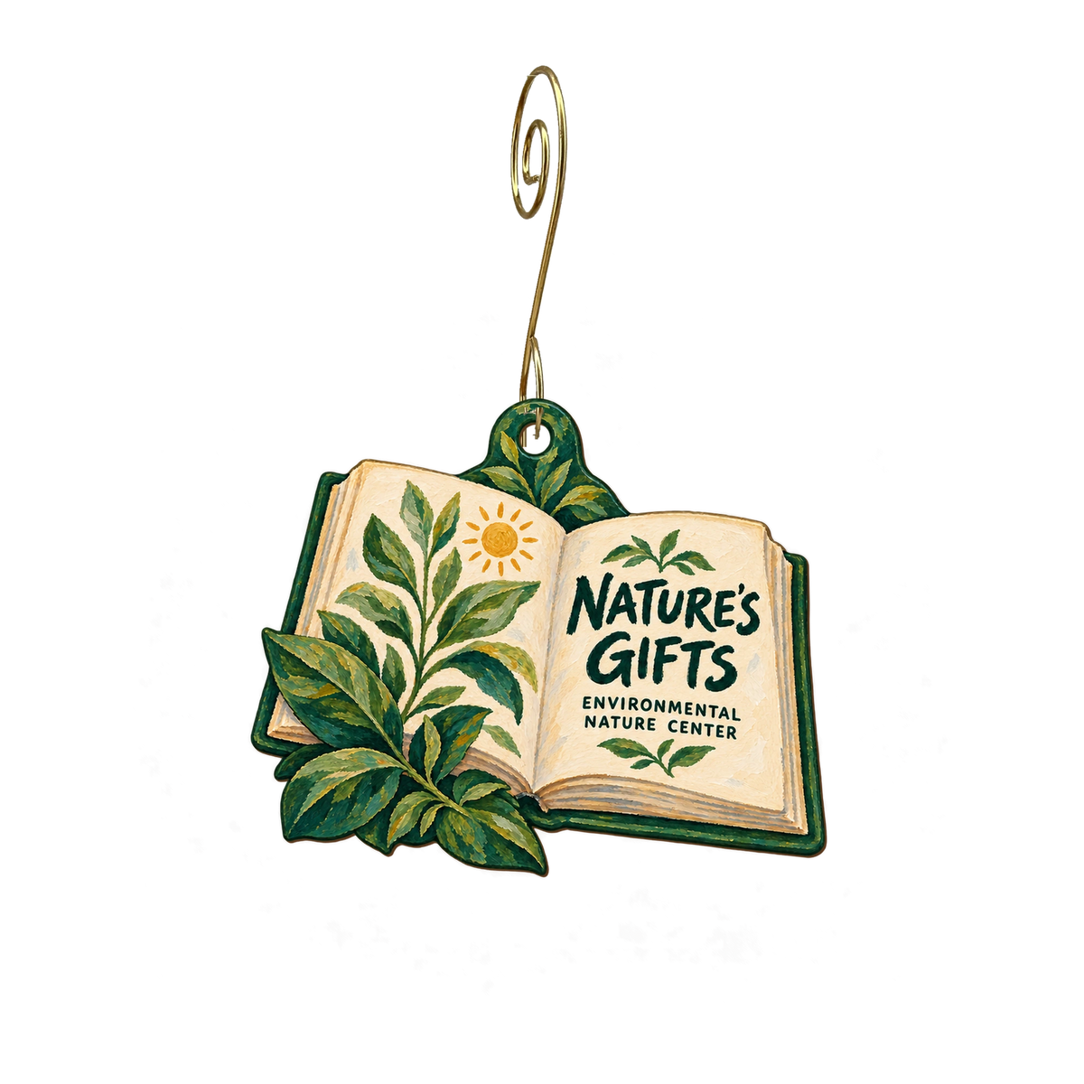 Nature's Gifts at the Environmental Nature Center — Store identity custom wood ornament OC2327, photographic gold spiral hook