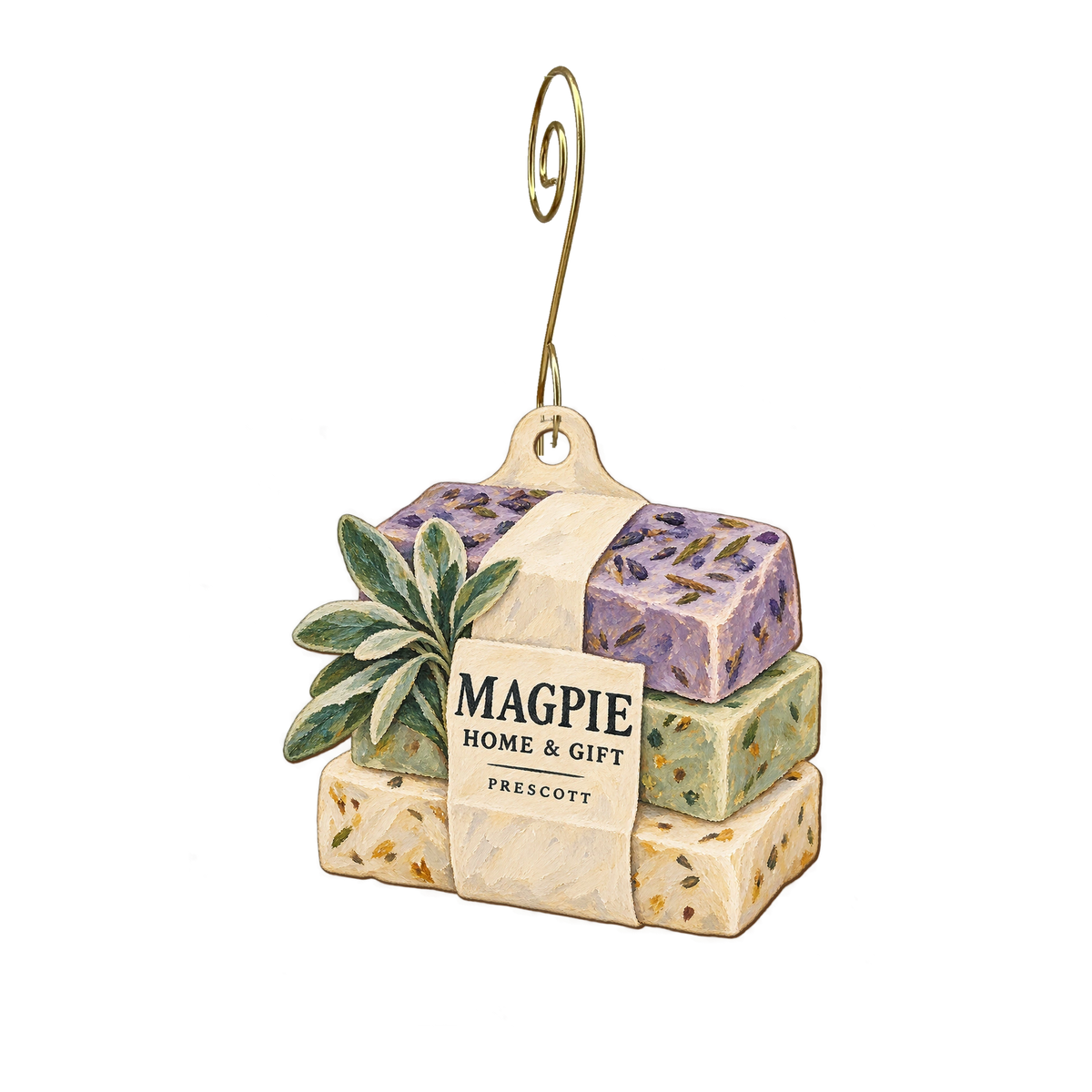 Magpie AZ — Store identity custom wood ornament OC2330, photographic gold spiral hook