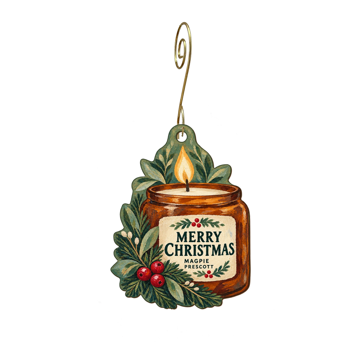 Magpie AZ — Christmas custom wood ornament OC2331, photographic gold spiral hook