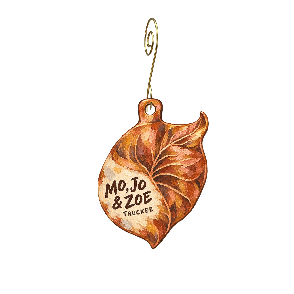 Mo, Jo & Zoe — Store identity custom wood ornament OC2333, photographic gold spiral hook