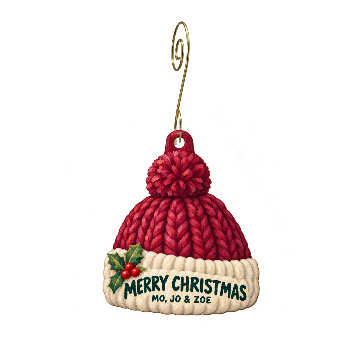 Mo, Jo & Zoe — Christmas custom wood ornament OC2334, photographic gold spiral hook