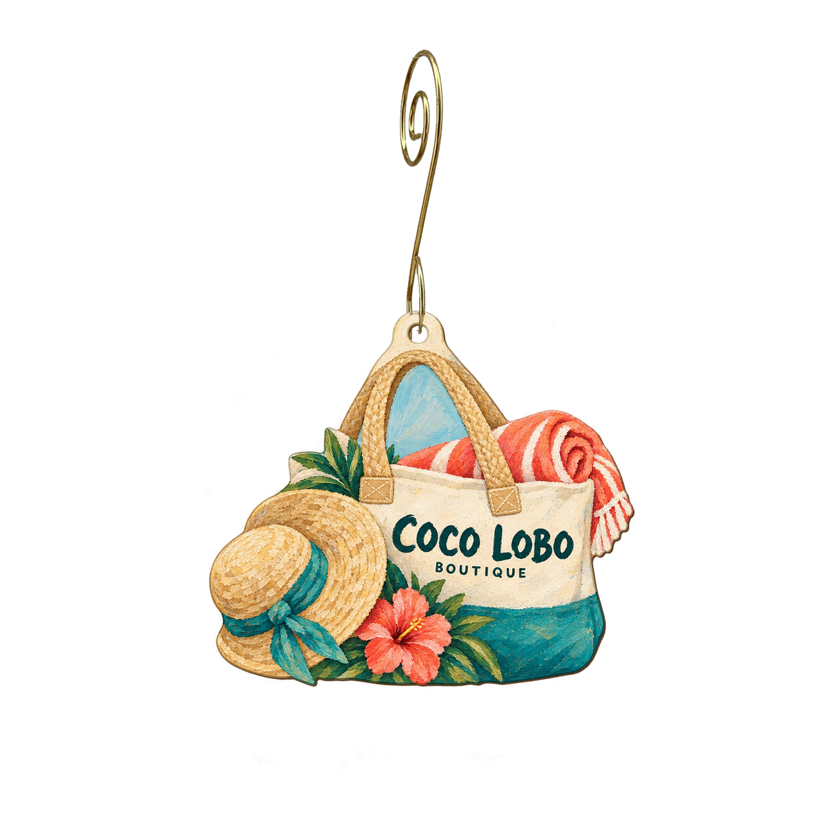 Coco Lobo Boutique — Store identity custom wood ornament OC2336, photographic gold spiral hook