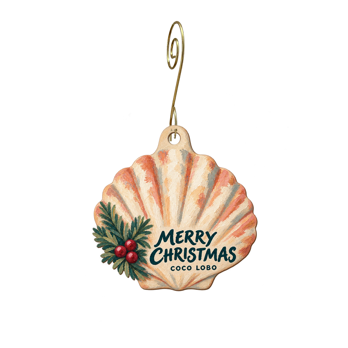 Coco Lobo Boutique — Christmas custom wood ornament OC2337, photographic gold spiral hook