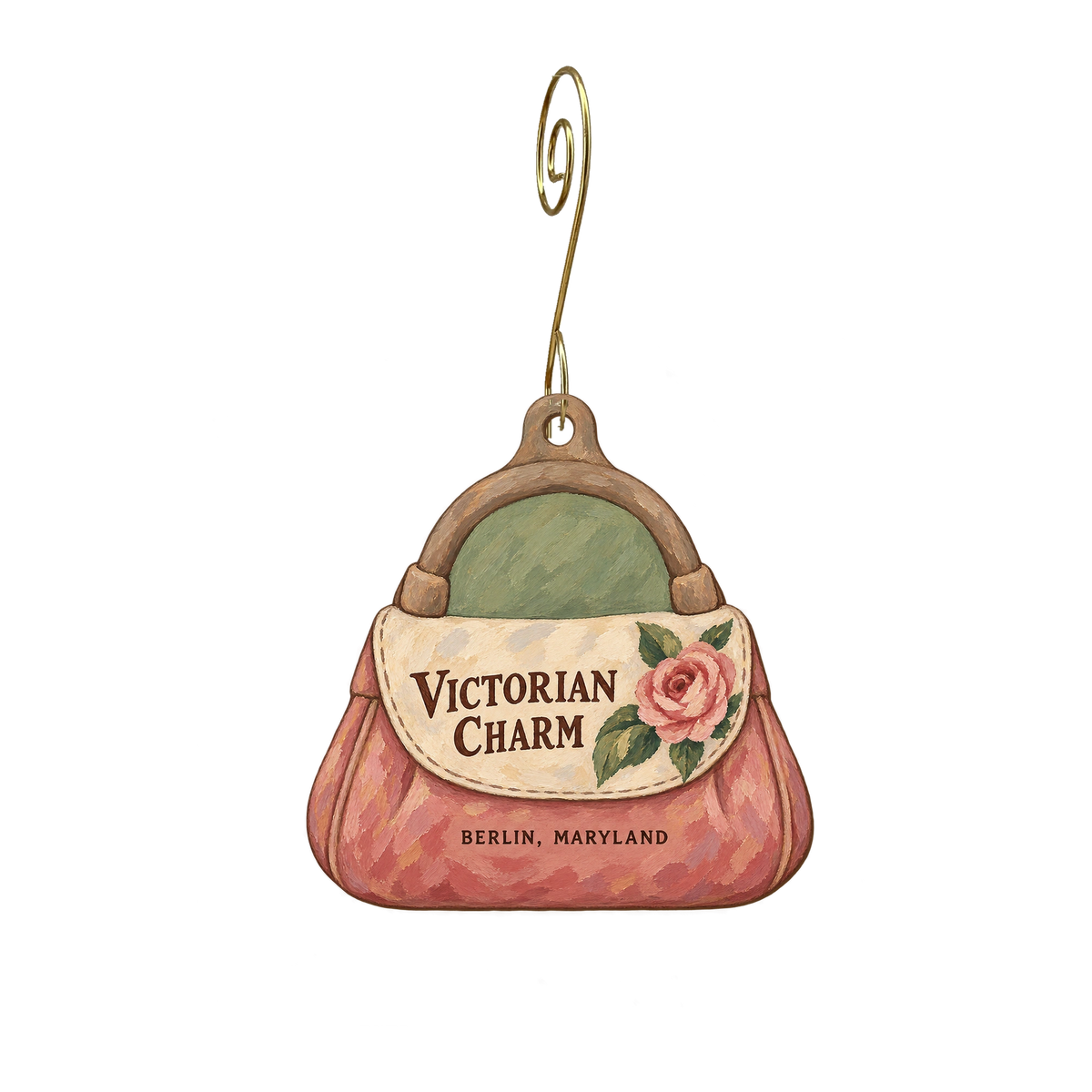 Victorian Charm — Store identity custom wood ornament OC2339, photographic gold spiral hook