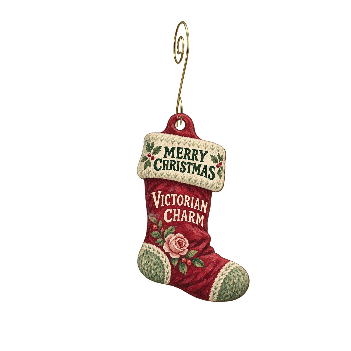Victorian Charm — Christmas custom wood ornament OC2340, photographic gold spiral hook
