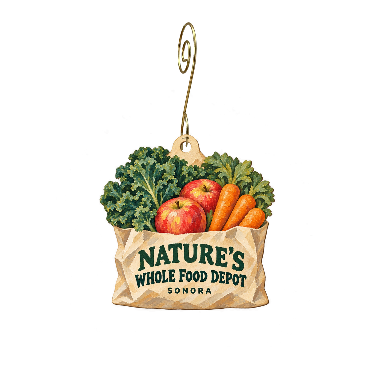 Natures Whole Food Depot — Store identity custom wood ornament OC2342, photographic gold spiral hook