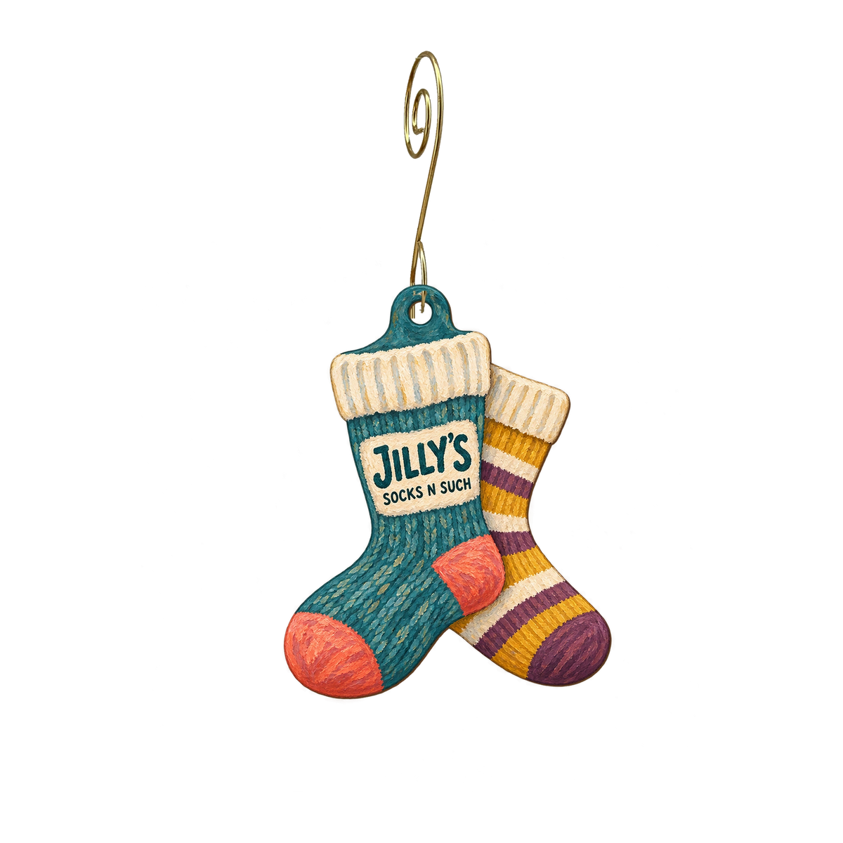 Jilly's Socks N Such — Store identity custom wood ornament OC2345, photographic gold spiral hook