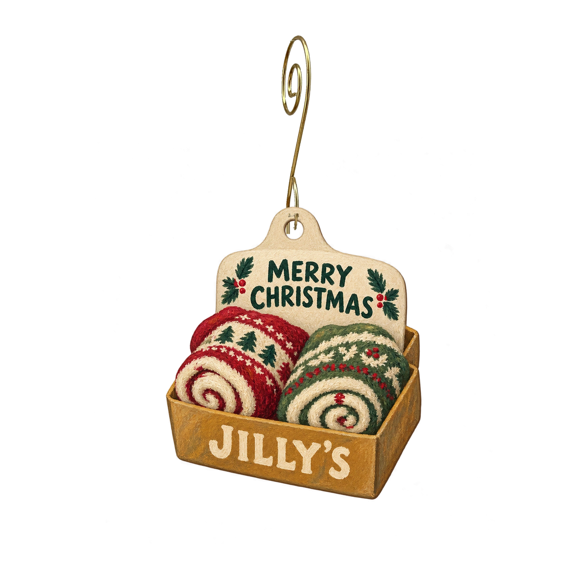 Jilly's Socks N Such — Christmas custom wood ornament OC2346, photographic gold spiral hook