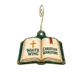 White Wing Christian Bookstore — Store identity custom wood ornament OC2351, photographic gold spiral hook