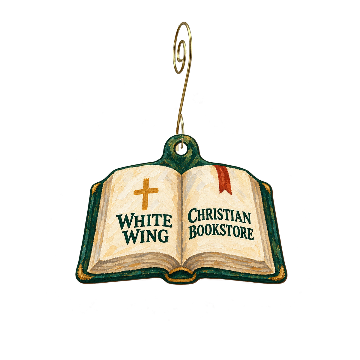 White Wing Christian Bookstore — Store identity custom wood ornament OC2351, photographic gold spiral hook