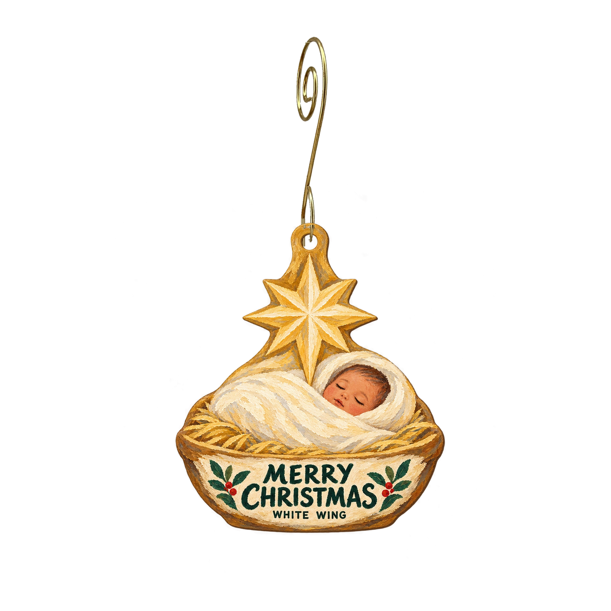 White Wing Christian Bookstore — Christmas custom wood ornament OC2352, photographic gold spiral hook