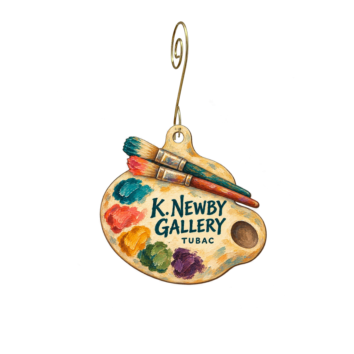 K.Newby Gallery & Sculpture Garden — Store identity custom wood ornament OC2357, photographic gold spiral hook