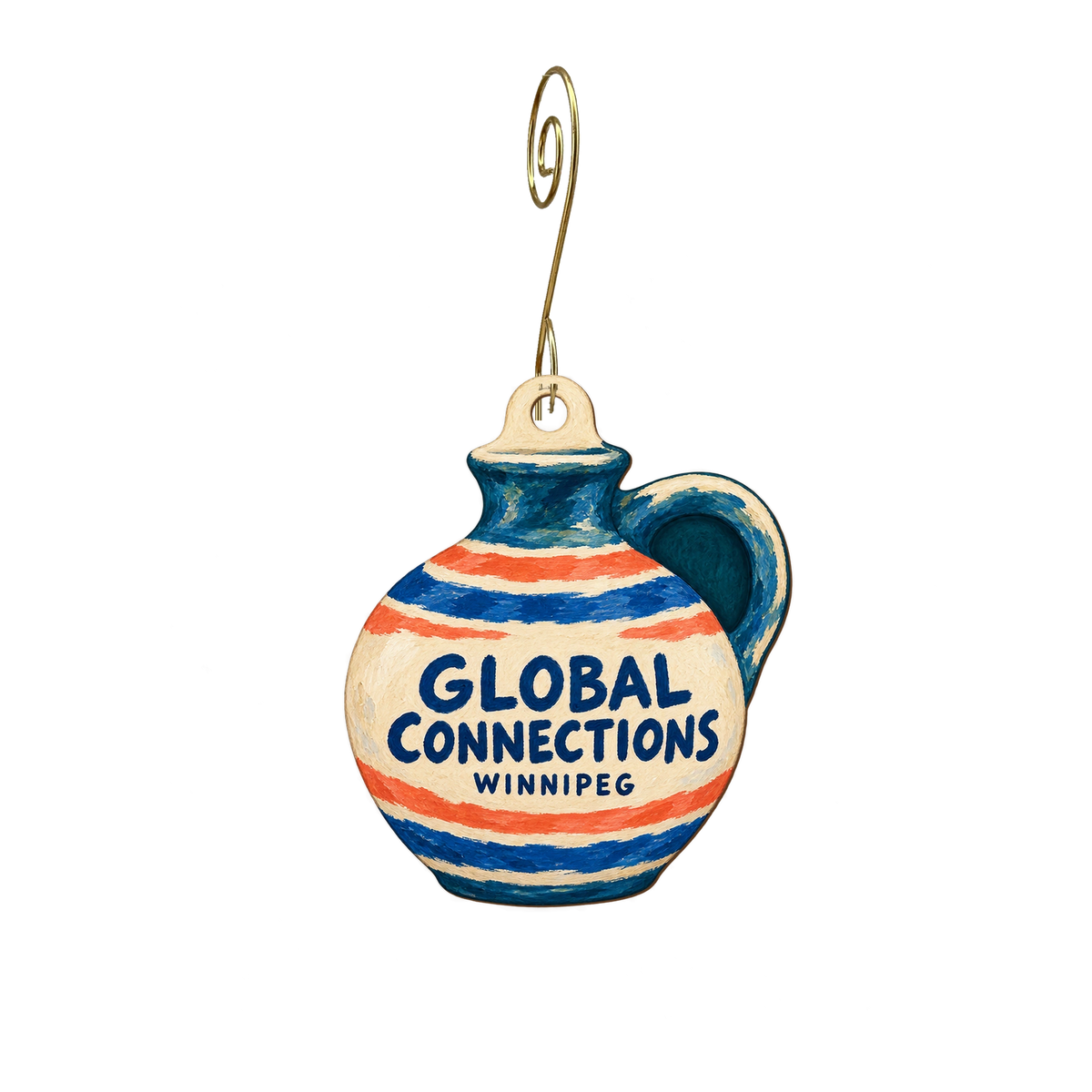 Global Connections — Store identity custom wood ornament OC2366, photographic gold spiral hook