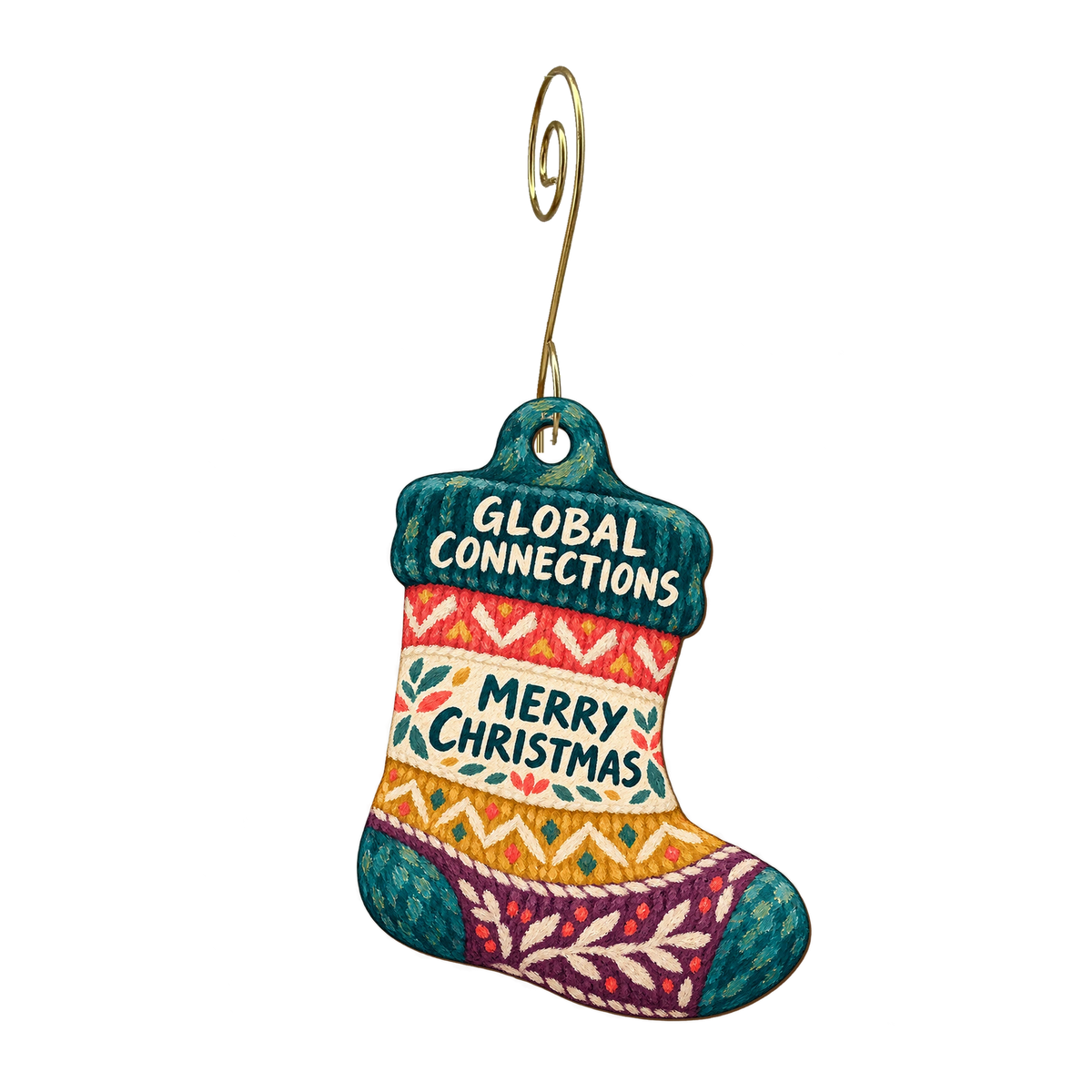 Global Connections — Christmas custom wood ornament OC2367, photographic gold spiral hook