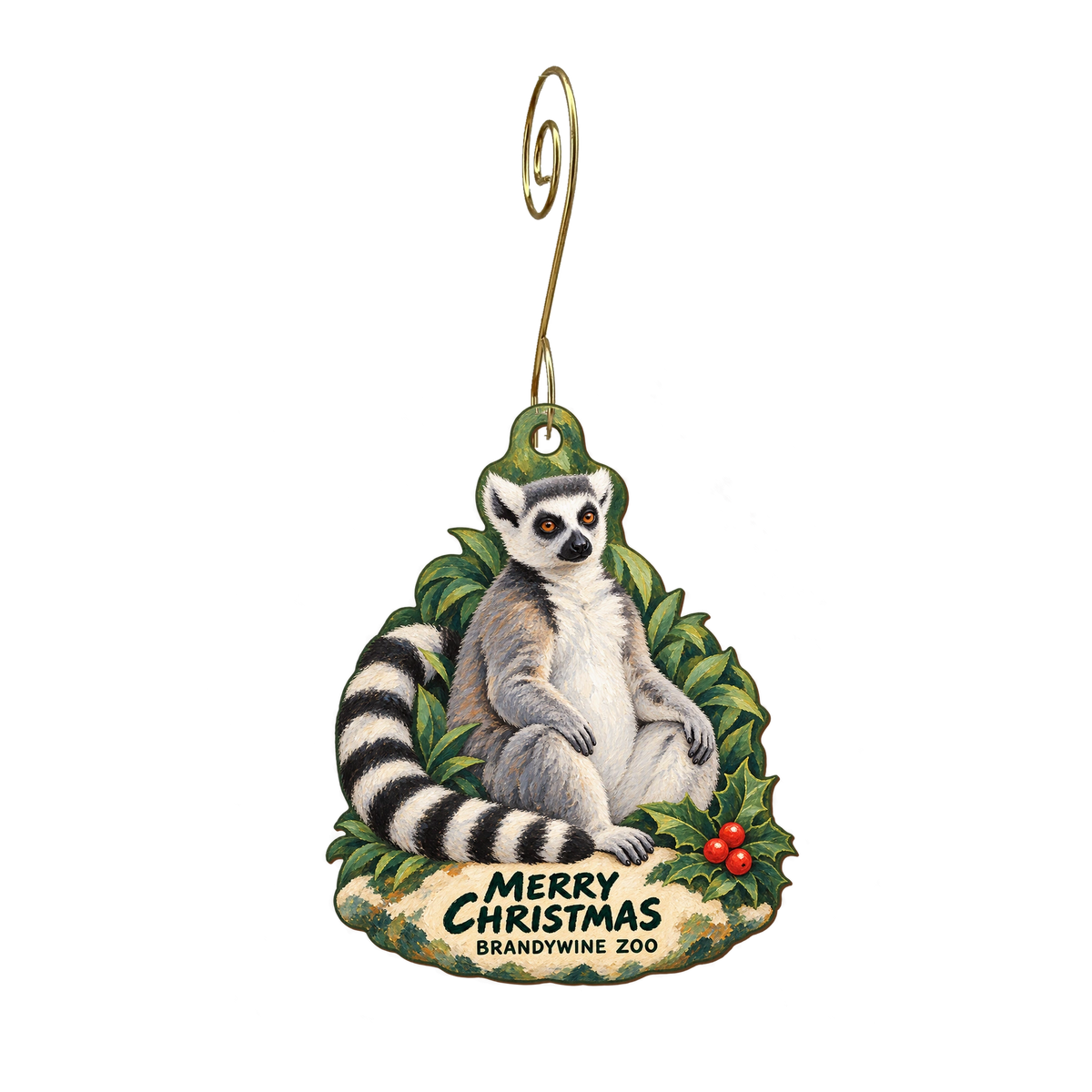 Brandywine Zoo Gift Shop — Christmas custom wood ornament OC2370, photographic gold spiral hook