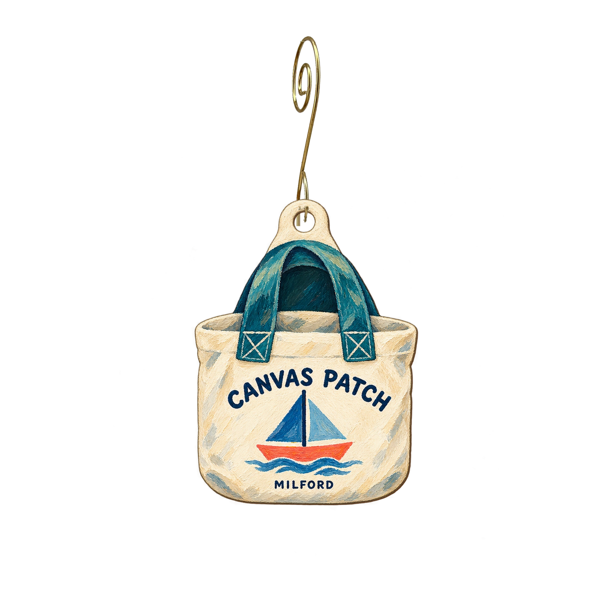 Canvas Patch — Store identity custom wood ornament OC2372, photographic gold spiral hook