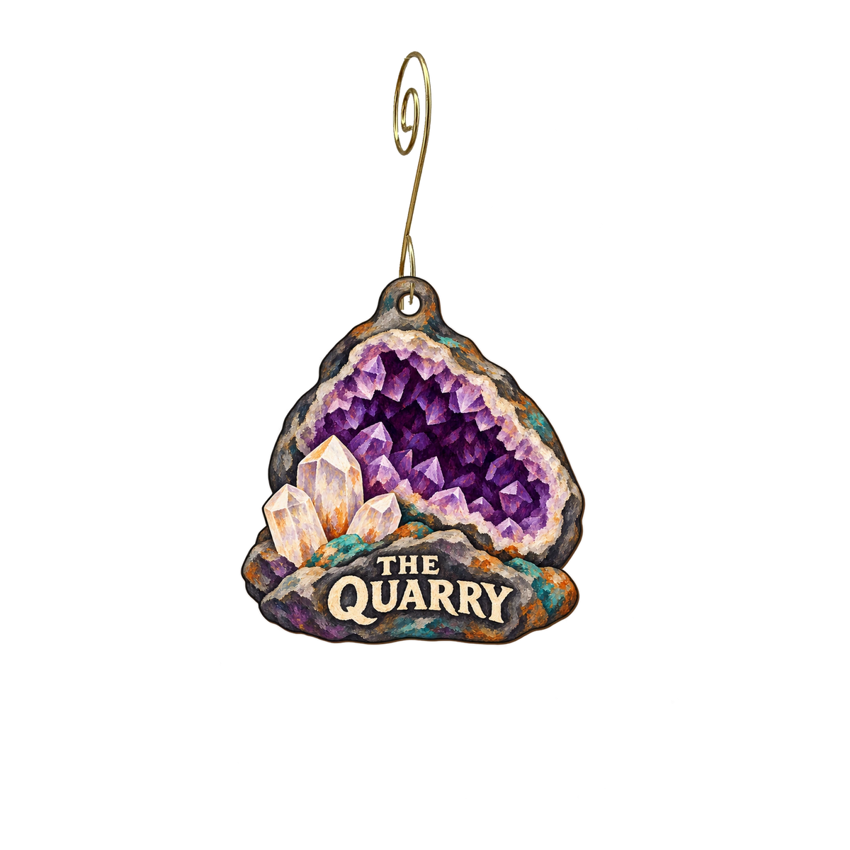 The Quarry — Store identity custom wood ornament OC2375, photographic gold spiral hook