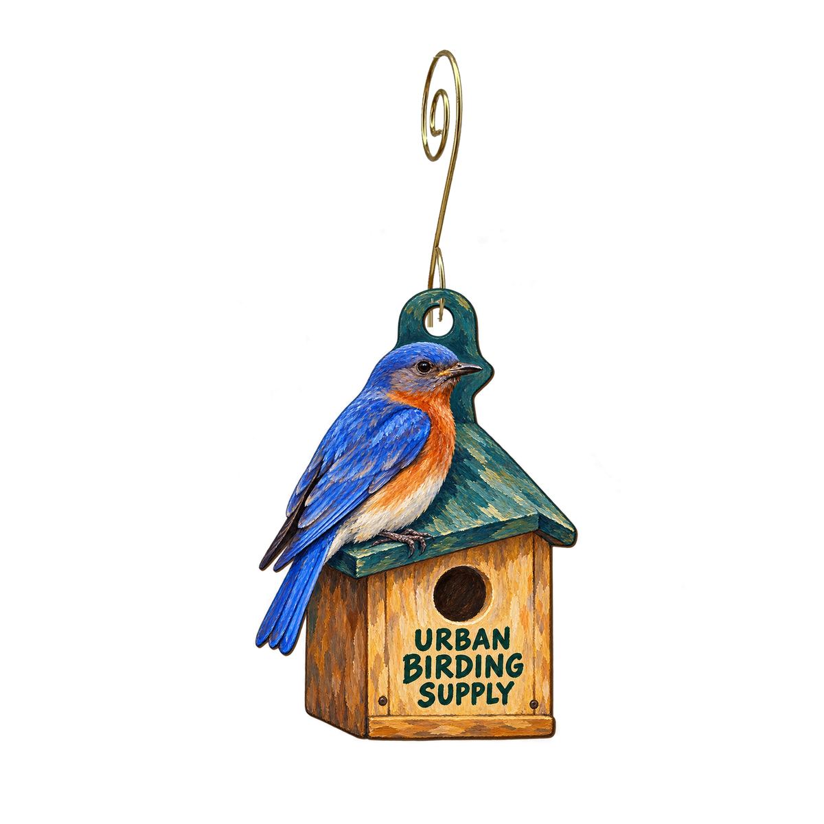 Urban Birding Supply — Store identity custom wood ornament OC2381, photographic gold spiral hook