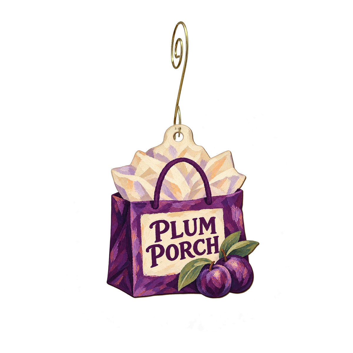 The Plum Porch — Store identity custom wood ornament OC2384, photographic gold spiral hook