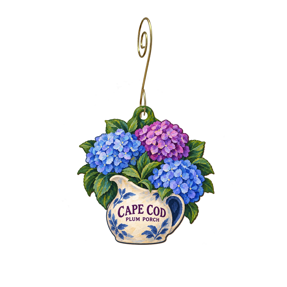 The Plum Porch — Local inspiration custom wood ornament OC2386, photographic gold spiral hook