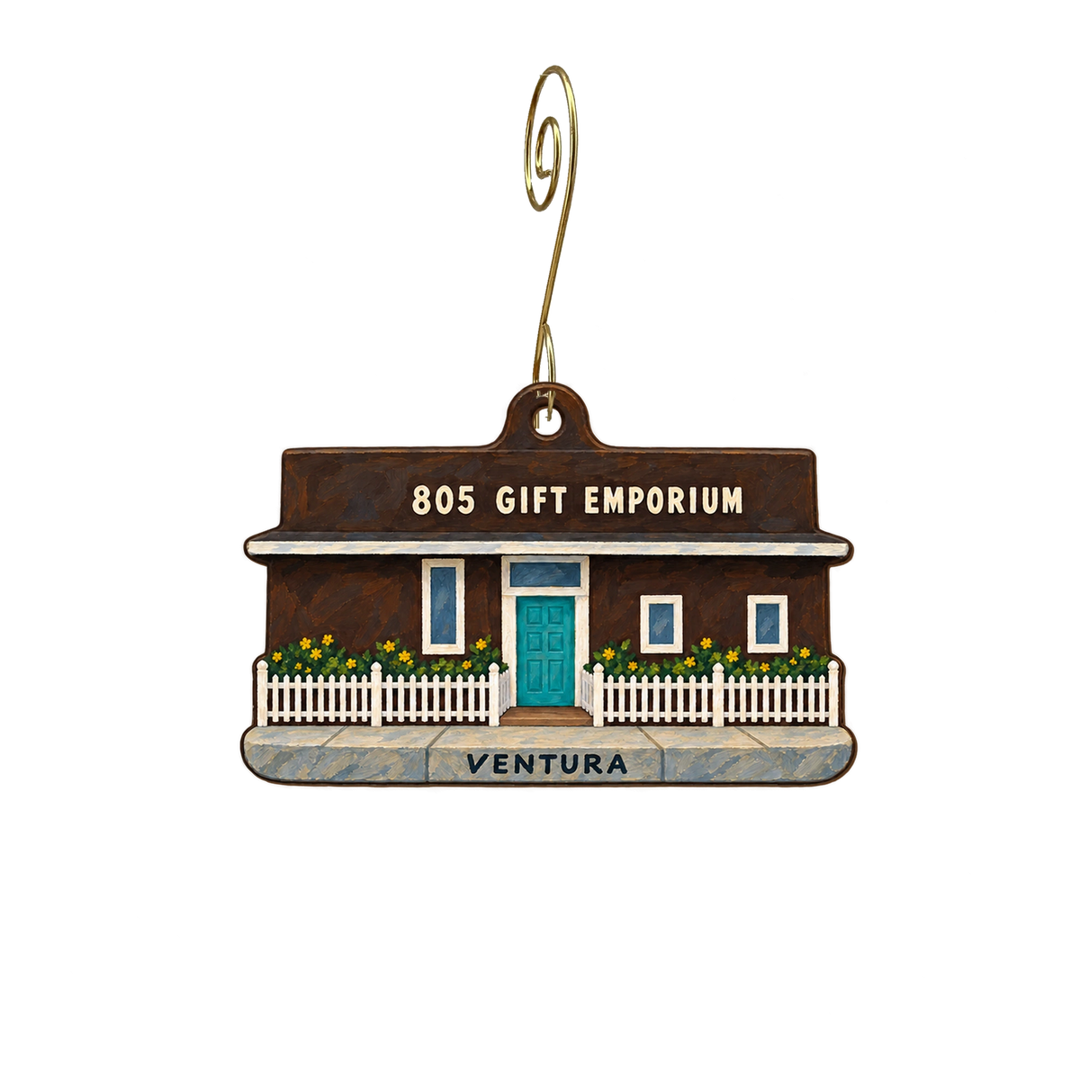 805 Emporium — Store identity custom wood ornament OC2387, photographic gold spiral hook