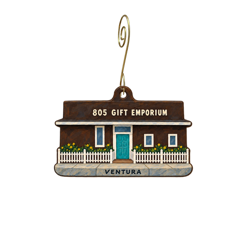 805 Emporium — Store identity custom wood ornament OC2387, photographic gold spiral hook