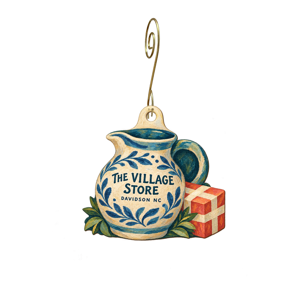 The Village Store — Store identity custom wood ornament OC2390, photographic gold spiral hook