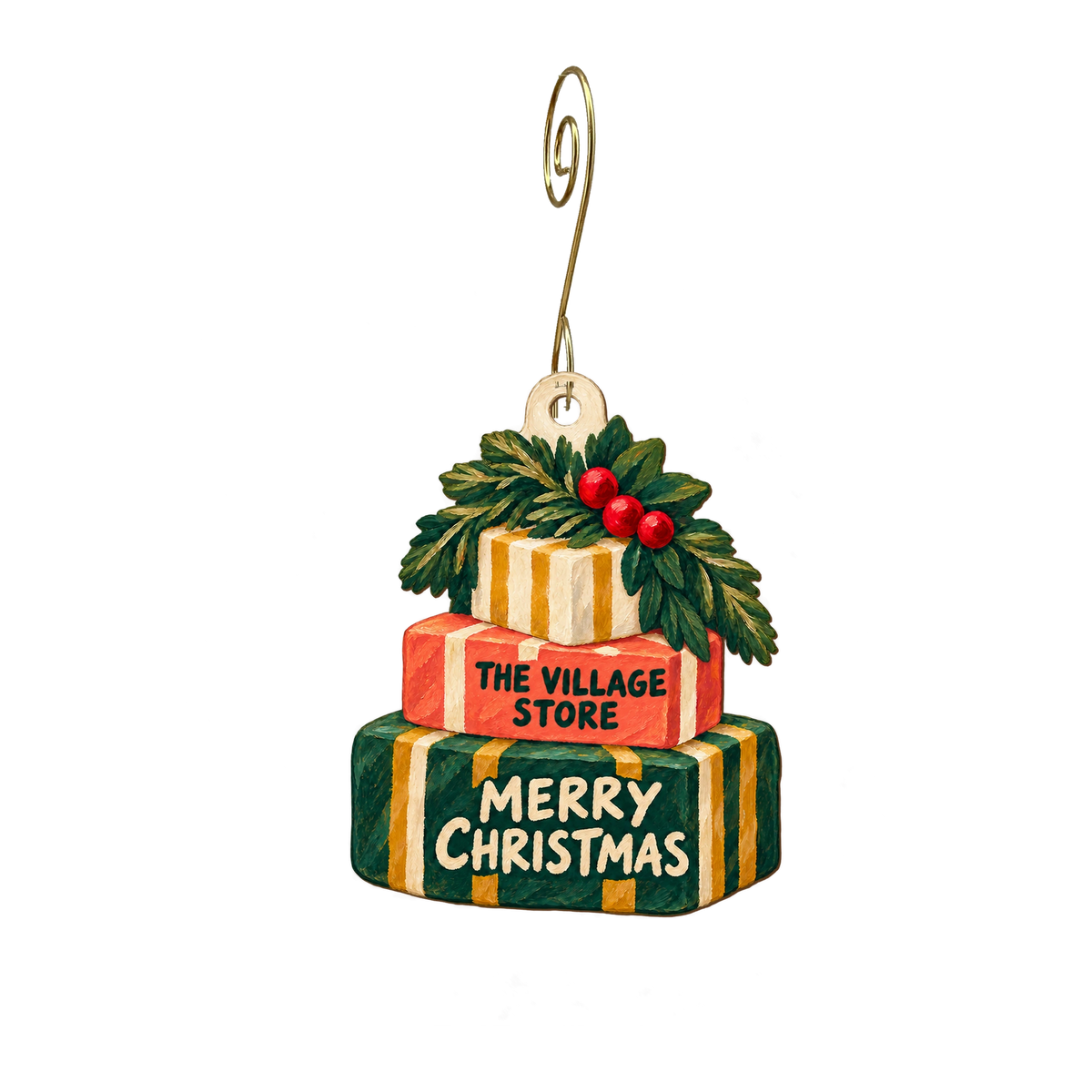 The Village Store — Christmas custom wood ornament OC2391, photographic gold spiral hook