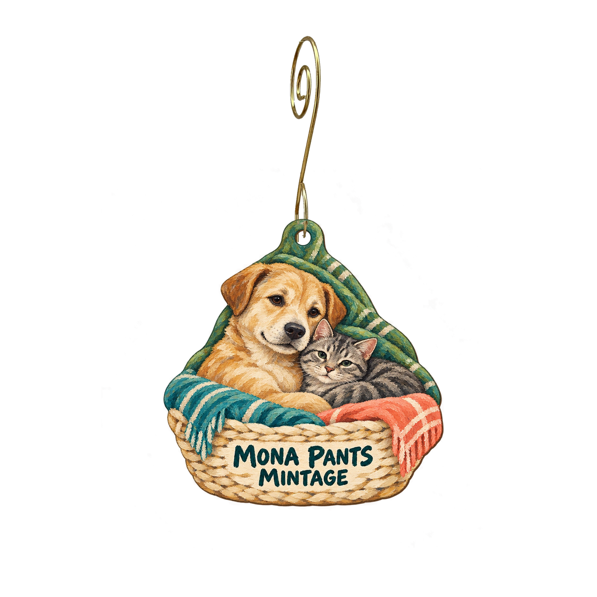 Mona Pants Mintage — Store identity custom wood ornament OC2396, photographic gold spiral hook