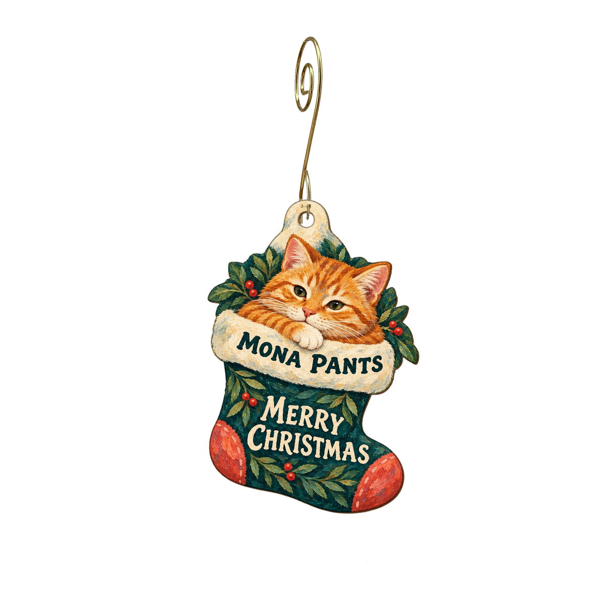 Mona Pants Mintage — Christmas custom wood ornament OC2397, photographic gold spiral hook