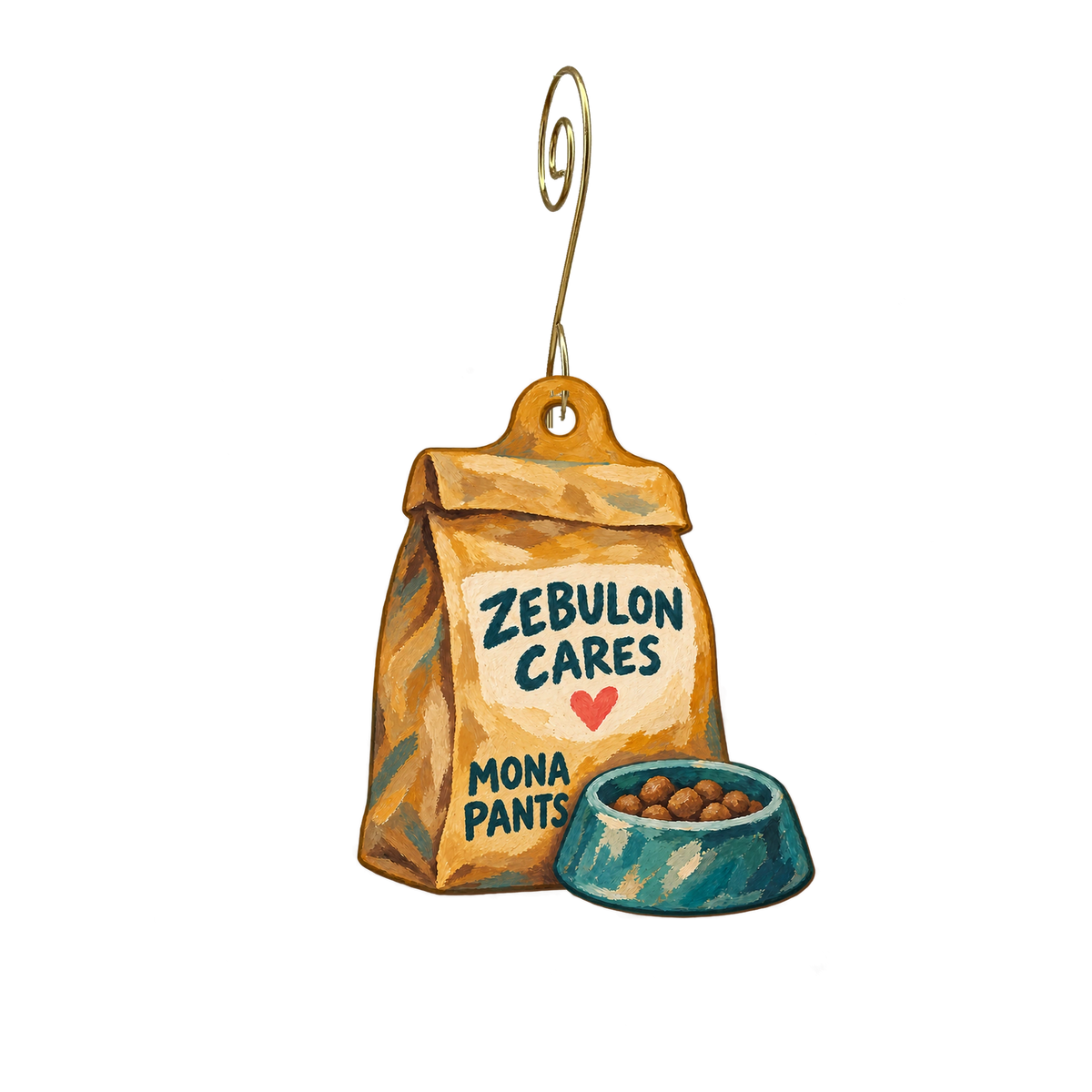 Mona Pants Mintage — Local inspiration custom wood ornament OC2398, photographic gold spiral hook