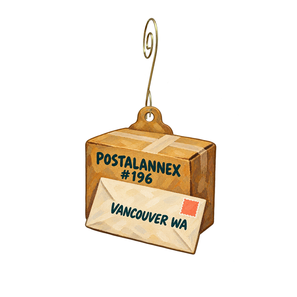 Postalannex #196 — Store identity custom wood ornament OC2399, photographic gold spiral hook