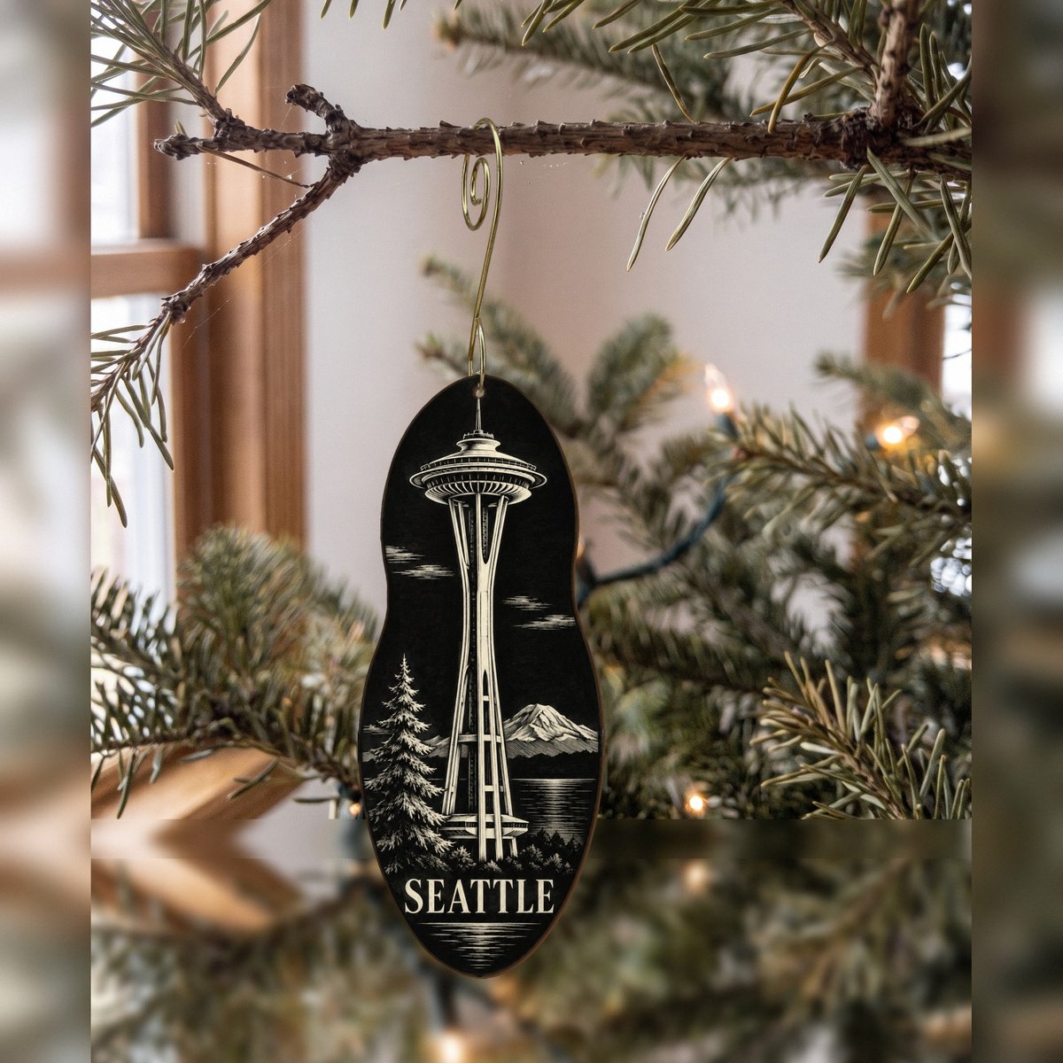 WA Seattle Scratchboard Custom Wood Ornament (OC23)