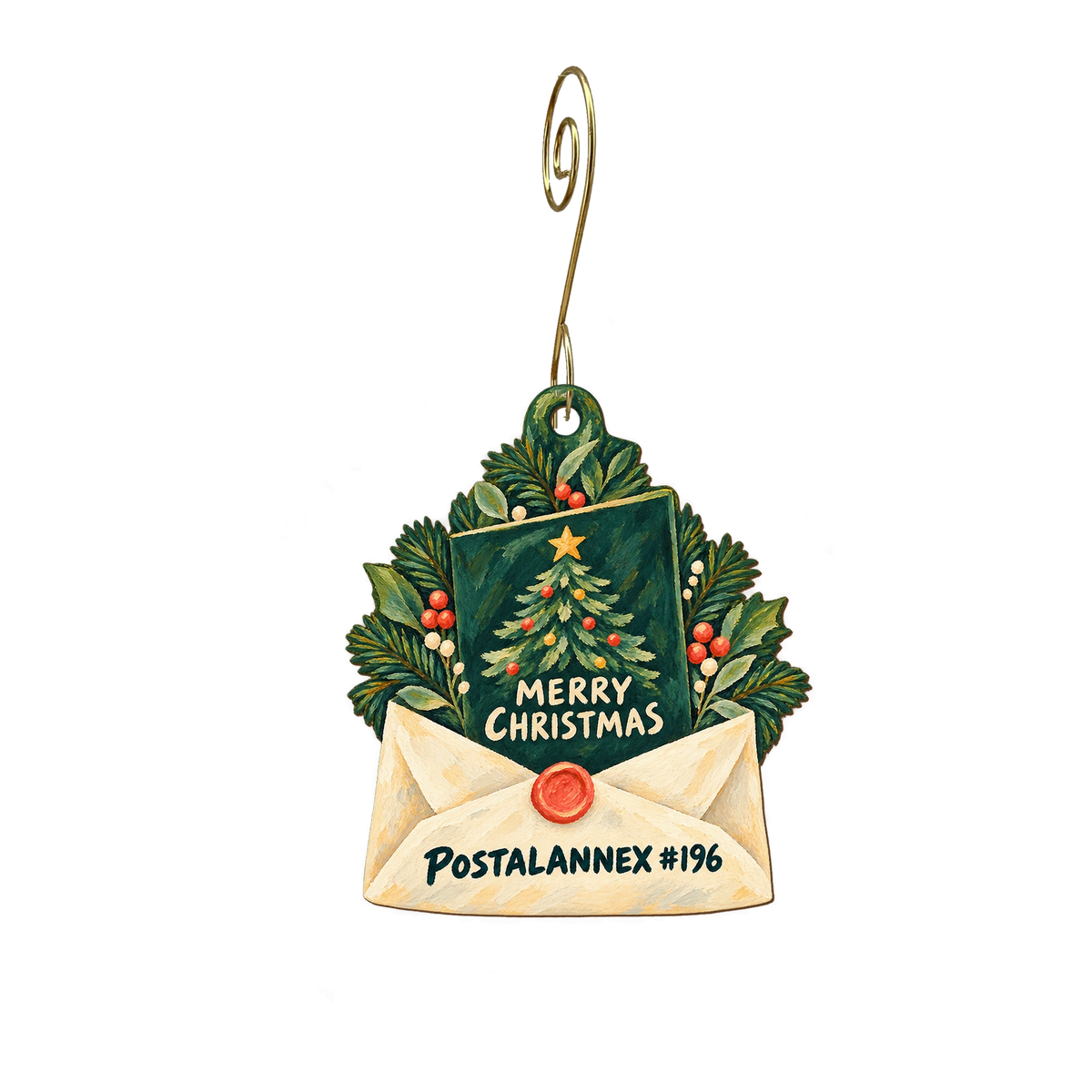 Postalannex #196 — Christmas custom wood ornament OC2400, photographic gold spiral hook