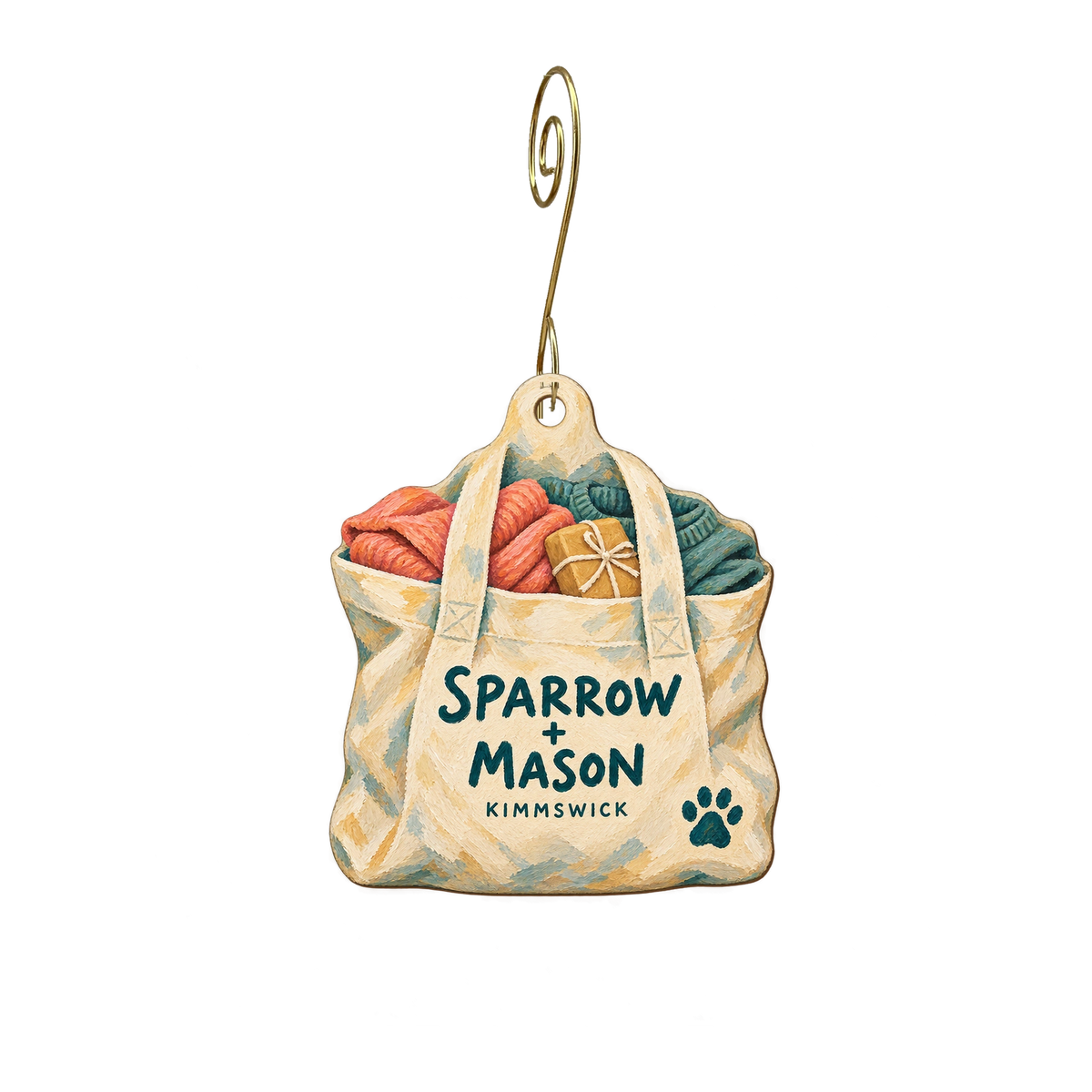 Sparrow + Mason — Store identity custom wood ornament OC2402, photographic gold spiral hook