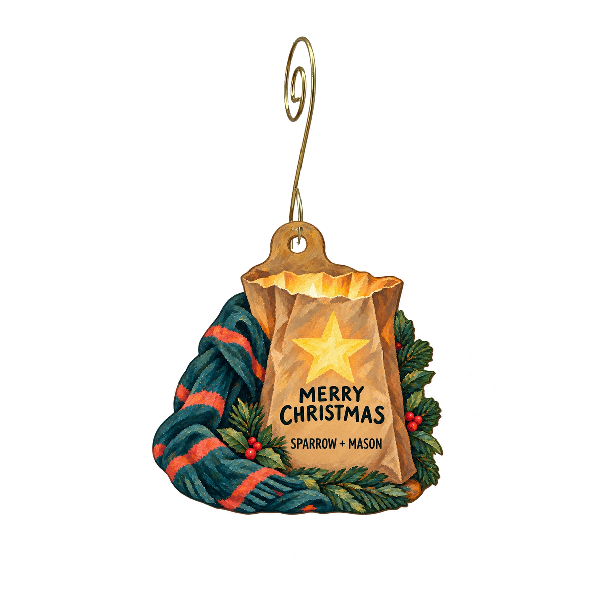 Sparrow + Mason — Christmas custom wood ornament OC2403, photographic gold spiral hook