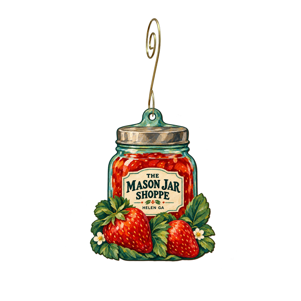 The Mason Jar Shoppe — Store identity custom wood ornament OC2405, photographic gold spiral hook