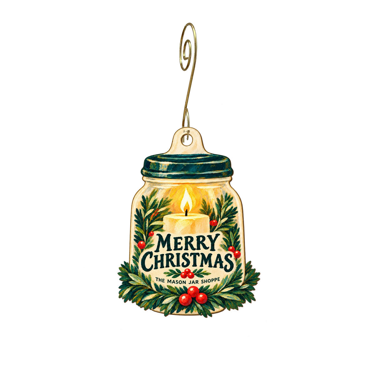 The Mason Jar Shoppe — Christmas custom wood ornament OC2406, photographic gold spiral hook