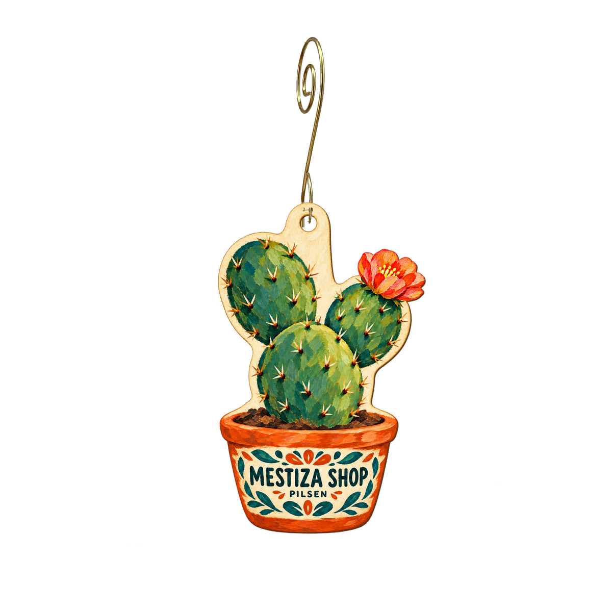 Mestiza Shop — Store identity custom wood ornament OC2408, photographic gold spiral hook