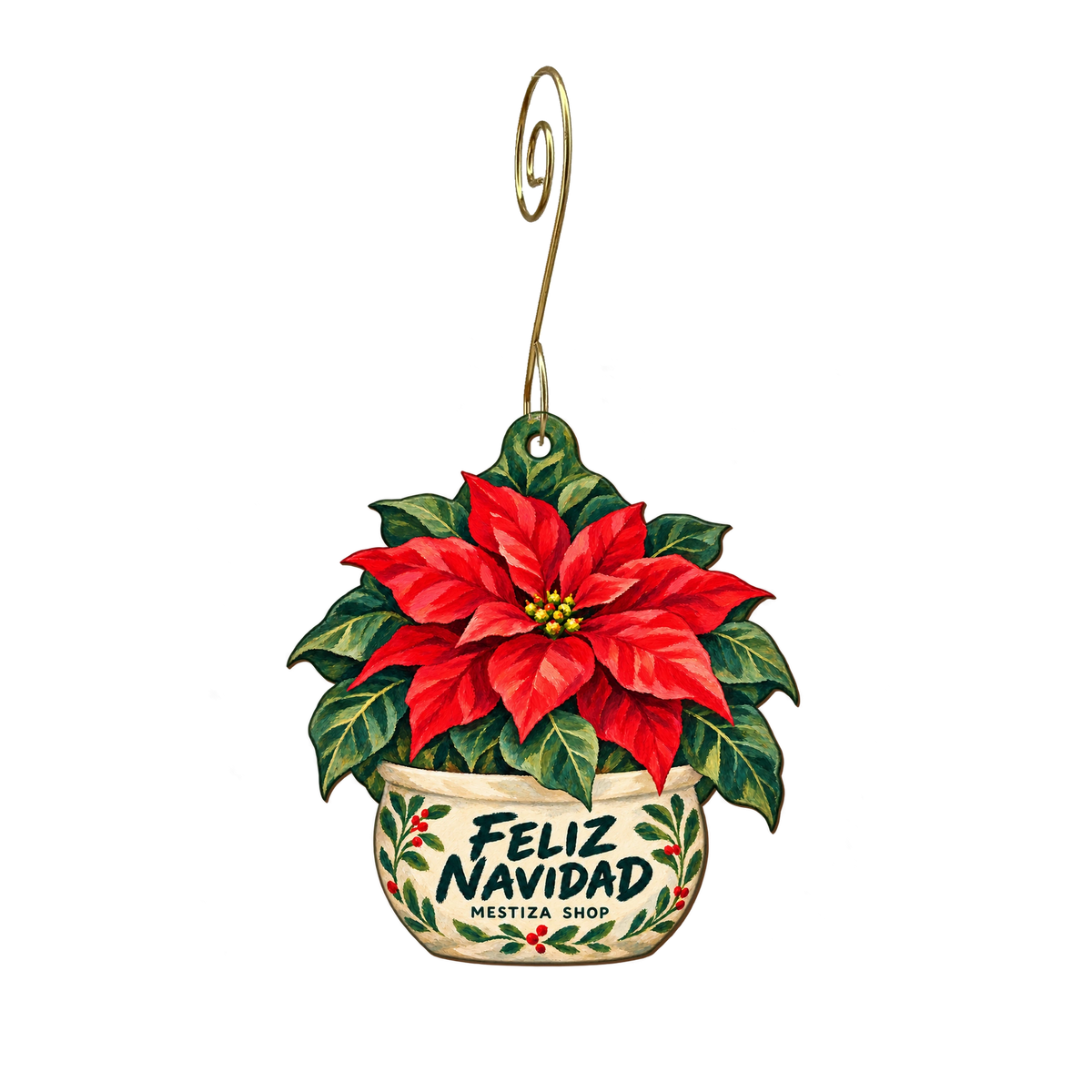 Mestiza Shop — Christmas custom wood ornament OC2409, photographic gold spiral hook