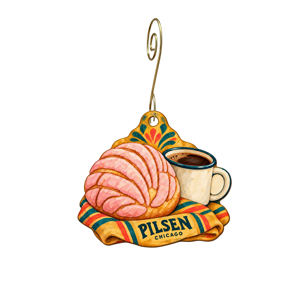 Mestiza Shop — Local inspiration custom wood ornament OC2410, photographic gold spiral hook