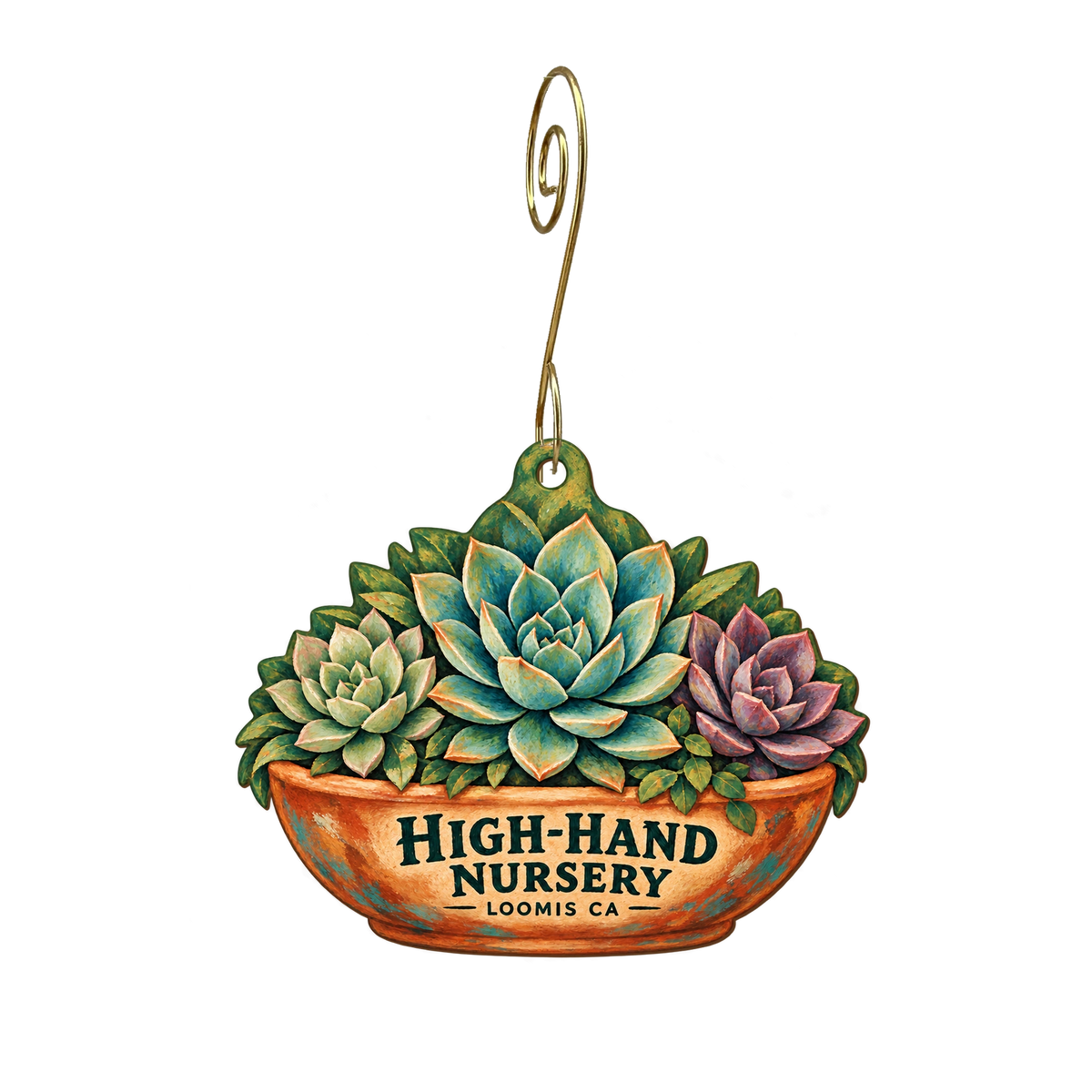High-Hand Nursery — Store identity custom wood ornament OC2411, photographic gold spiral hook