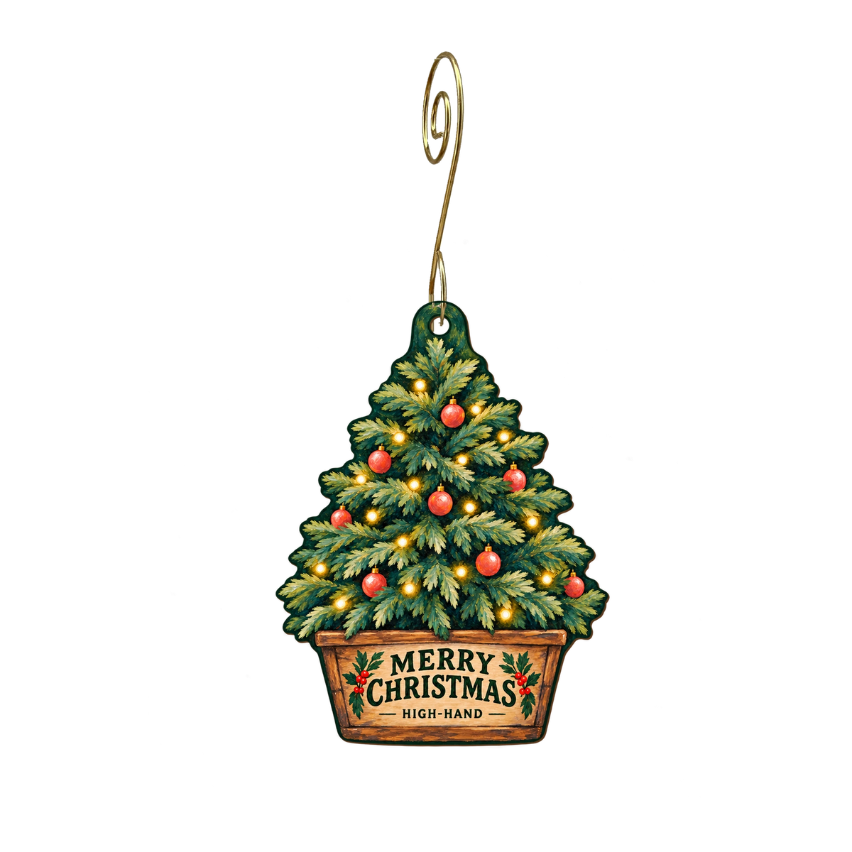 High-Hand Nursery — Christmas custom wood ornament OC2412, photographic gold spiral hook
