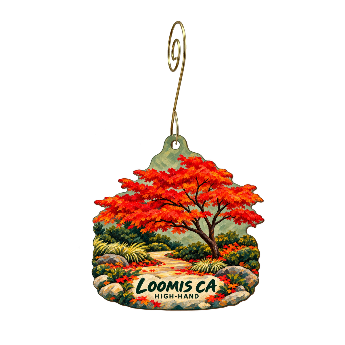 High-Hand Nursery — Local inspiration custom wood ornament OC2413, photographic gold spiral hook