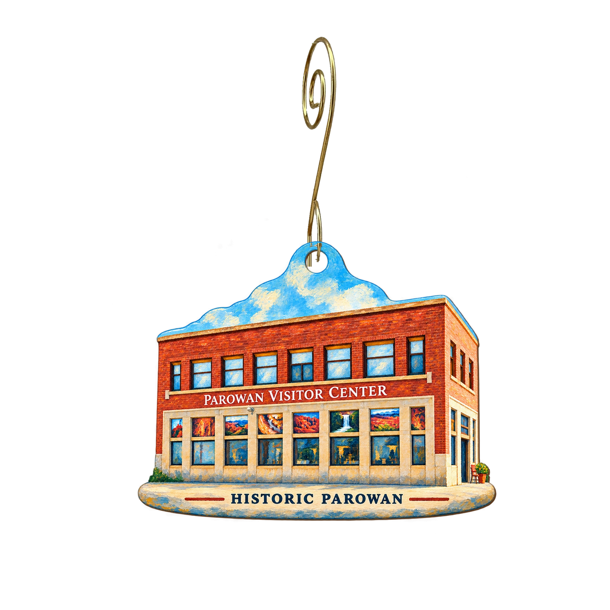 Historic Parowan — Store identity custom wood ornament OC2414, photographic gold spiral hook